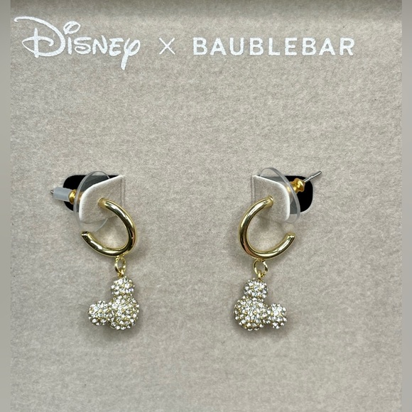 Disney X Baublebar Mickey Mouse Dangle Gold Tone Hoop Rhinestone Earrings 1+” - Picture 2 of 5